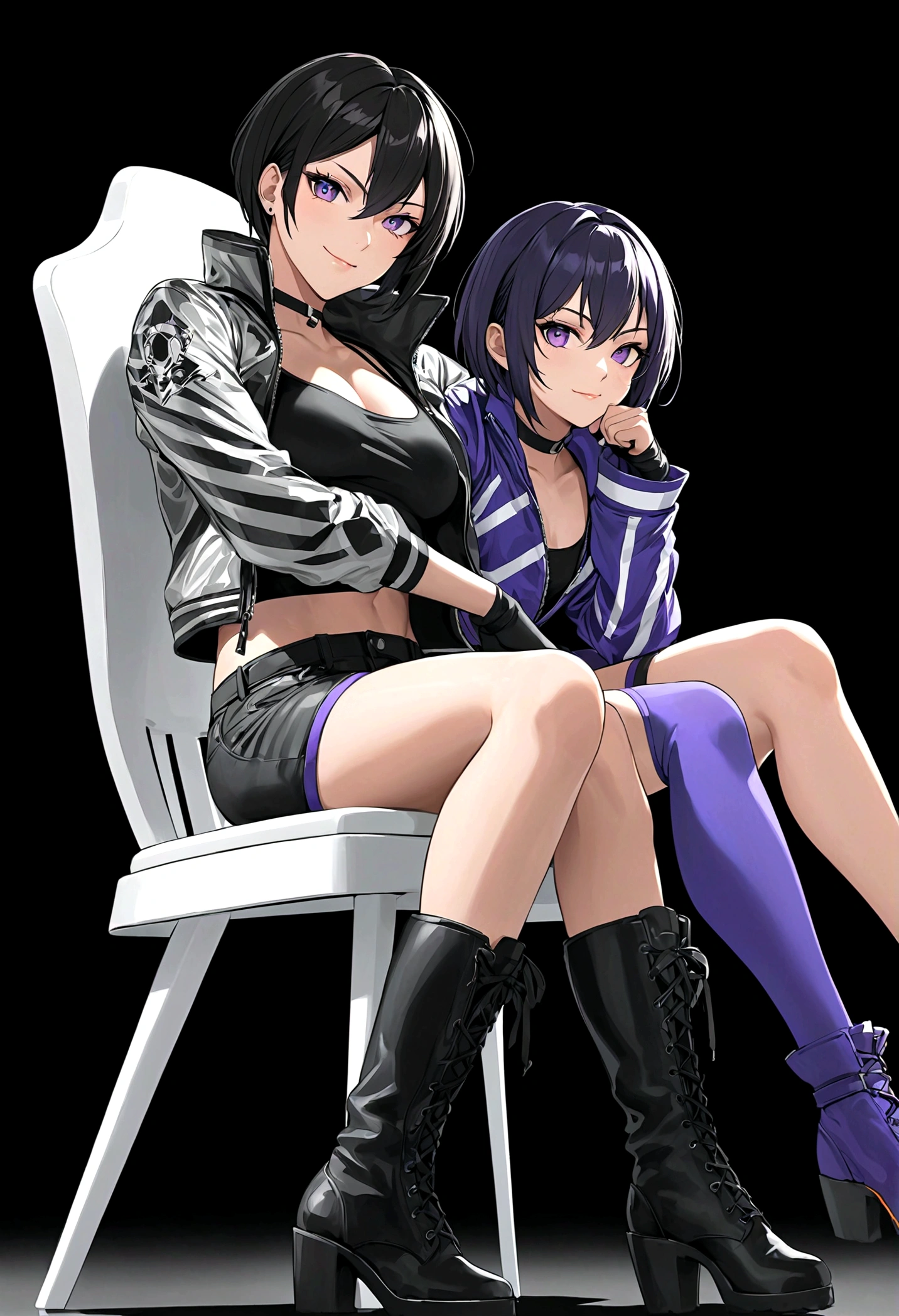 Tomboy girls, Sexy, Smart, Strong, muscular body, Tall Body, Short black hair, purple pupil eyes, black plain chokers, wear jacket, black Crop top, short black jeans, thick long black stocking, High black boots, fingerless black gloves, smile intimidate face, sits with legs crossed. Their right fist supports their head, elbow resting on the chair's armrest. Their left hand is placed on their hip on white cheap plastic chair, black background, Tekken Art Style, Anime art style, looking at camera.