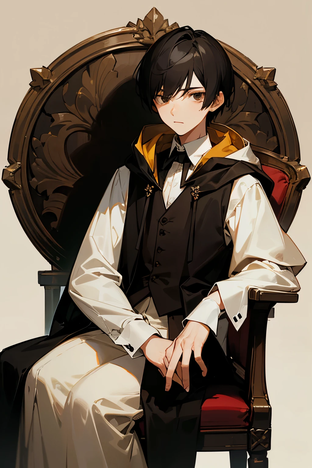 Slender, boy, 18 years old, black hair, medival style, white shirt, brown vest, black jacket and hood, masterpiece, very beautiful, sitting on a chair, clear brown eye, calm face, thinking, looking from sideway