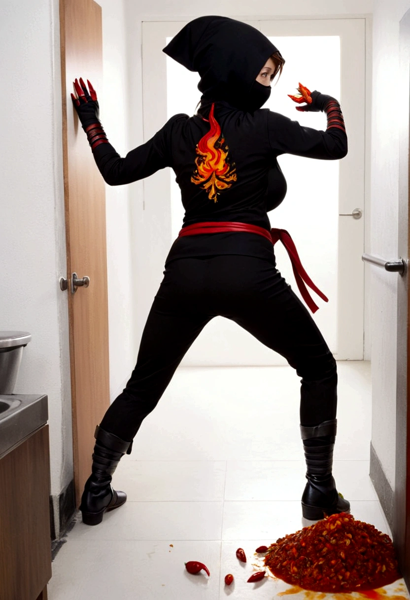 Over the top chili sauce ad, a female ninja is holding her bottom and desperately seeking a bathroom. He bottom is on fire. Chili pepper spiced foods are in each corner, show her from behinf
