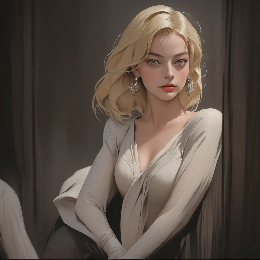 1920s American woman, resembling Margot Robbie, blonde, looking straight ahead, photorealism, noir lighting, focus on face, Portrait, 4K
