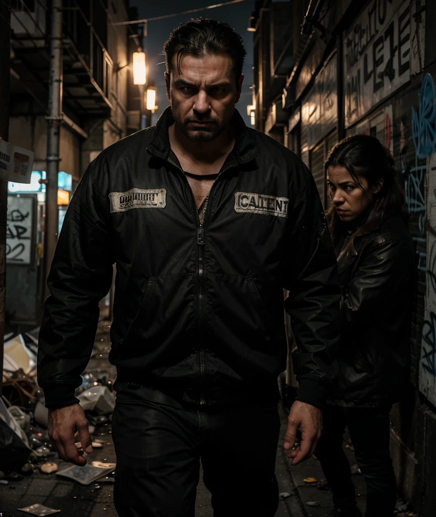 An intense depiction of a man being confronted by intimidating debt collectors in a dimly lit alley. The man is cornered, holding a stack of overdue bills, his face showing fear and anxiety. The debt collectors loom over him, their expressions stern and unforgiving. The alley is filled with trash and graffiti, adding to the sense of danger and desperation. The lighting casts harsh shadows, emphasizing the tension and the man's dire circumstances. Epic details, hyper detail, 8k, ultra sharp, UHD.
