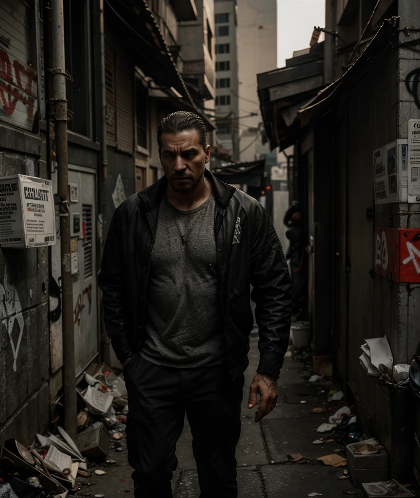 An intense depiction of a man being confronted by intimidating debt collectors in a dimly lit alley. The man is cornered, holding a stack of overdue bills, his face showing fear and anxiety. The debt collectors loom over him, their expressions stern and unforgiving. The alley is filled with trash and graffiti, adding to the sense of danger and desperation. The lighting casts harsh shadows, emphasizing the tension and the man's dire circumstances. Epic details, hyper detail, 8k, ultra sharp, UHD.