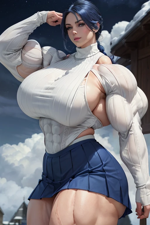 (((((Massive tall, beautiful, buff, pale white skinned muscular woman with royal blue hair, ginormous bulky muscles and wearing a beautiful white long-sleeved turtleneck sweater with white pleated skirt))))), (close view), (massive muscles), long wavy curly hair, ((chained belt)), white eyes, choker, ((beautiful turtleneck sweater)), (white pleated skirt), belt, white boots, (in the Cloudy beautiful village), closed smile, night, ginormous muscles