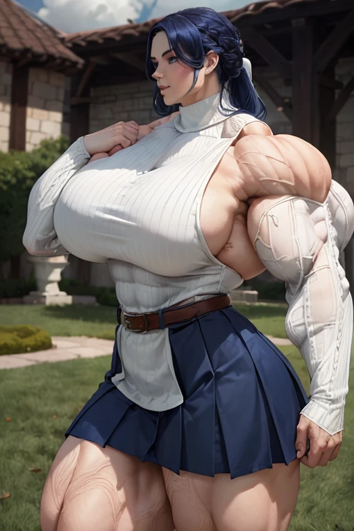(((((Massive tall, beautiful, buff, pale white skinned muscular woman with royal blue hair, ginormous bulky muscles and wearing a beautiful white long-sleeved turtleneck sweater with white pleated skirt))))), (close view), (massive muscles), long wavy curly hair, ((chained belt)), white eyes, choker, ((beautiful turtleneck sweater)), (white pleated skirt), belt, white boots, (in the Cloudy beautiful village), closed smile, night, ginormous muscles