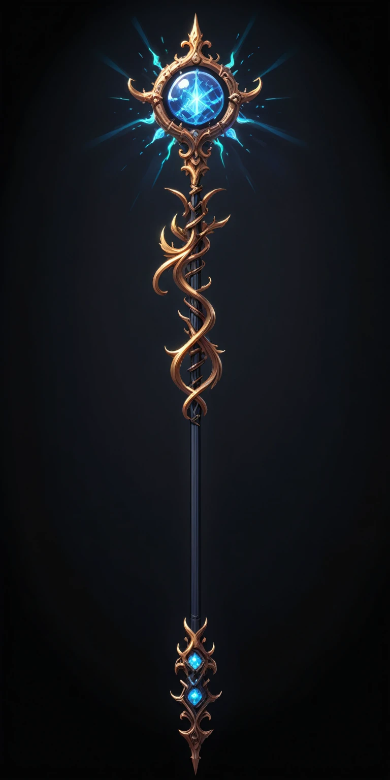 pixel art, cartoon illustration, Divine glavie greatstaff, Powerfull Magical theme, simple black background, RPG game icon 