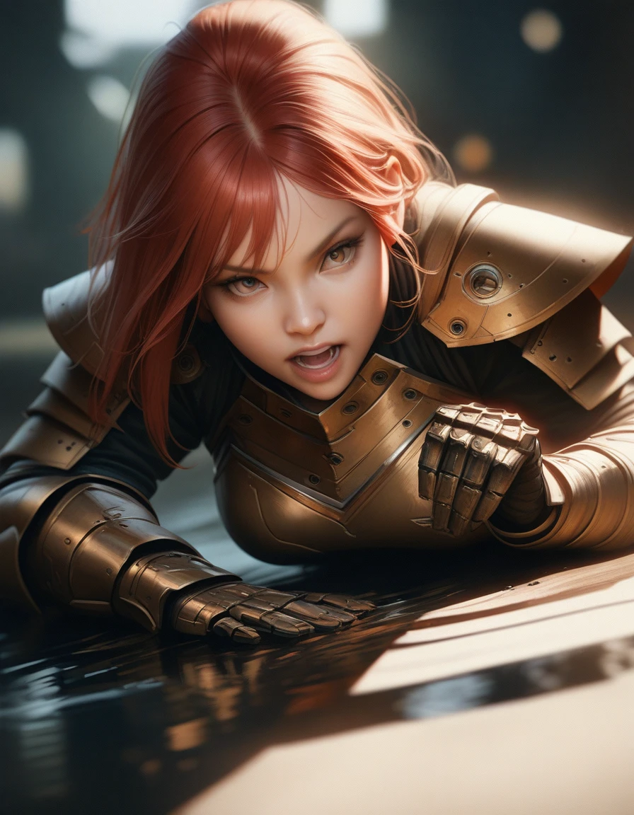 1 female, In the mouth, armor, Redhead, Combat pose, PhotoRealistic, HyperRealistic, Ultra-detailed, Analog Style, bent at the waist, Modest, Low Cut, Detailed skin, Matte skin, Soft lighting, Scattered beneath the surface, Realistic, Dark Shadows, masterpiece, highest quality, ultra Realistic, 8k, Golden Ratio, complicated, High detail, Film Photography, Soft Focus, Blurred Background