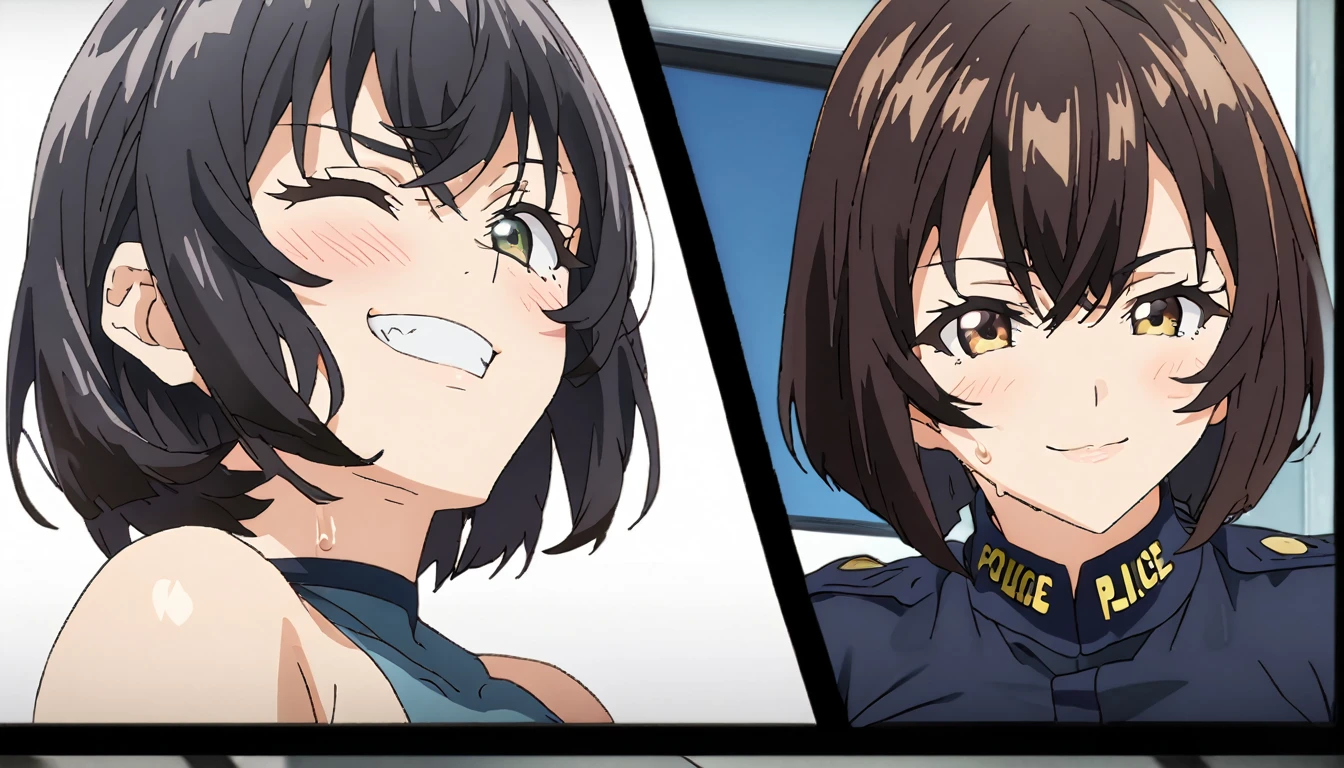 (Perfect body),Best Quality,(8K Portrait),(anime screen cap)、((Police Woman)),blush,Sweat,((large udder))、(Dark hair),((bob cuts))、Yellow eyes,(((thick thighs))),((Navy blue leotard))、((A smile))、showing teeth、one eye closed、(((Chibi)))、kneeking