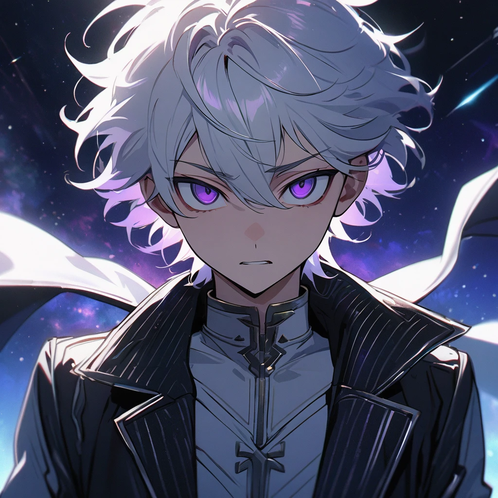 High quality, HD, 4k, handsome male, 1male, 17 years old, teenager, golden lining, short white hair, sharp eyes, dark purple eyes, deep purple eyes, devil may cry, close up, calm expression, stoic expression, black leather clothes, white leather clothing, lean body, upper body, looking at viewer, cowboy shot, white solar, space background