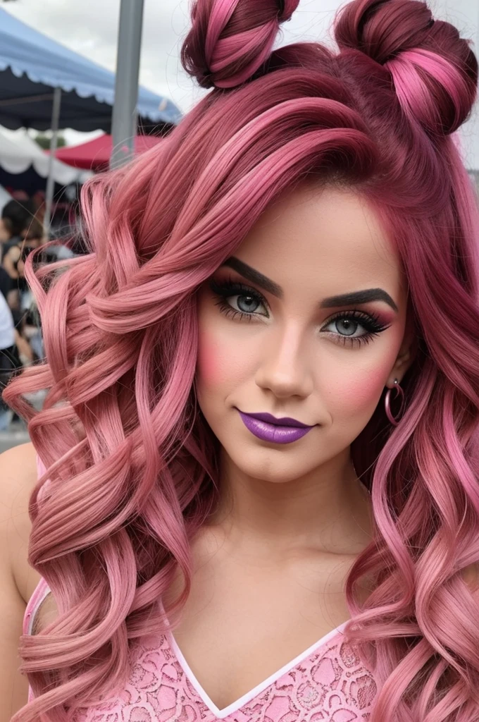 Una chica payasa en un circo con pelo de rulos de color rosado y maquillaje de payaso con una mini falda color blanco y rosado 