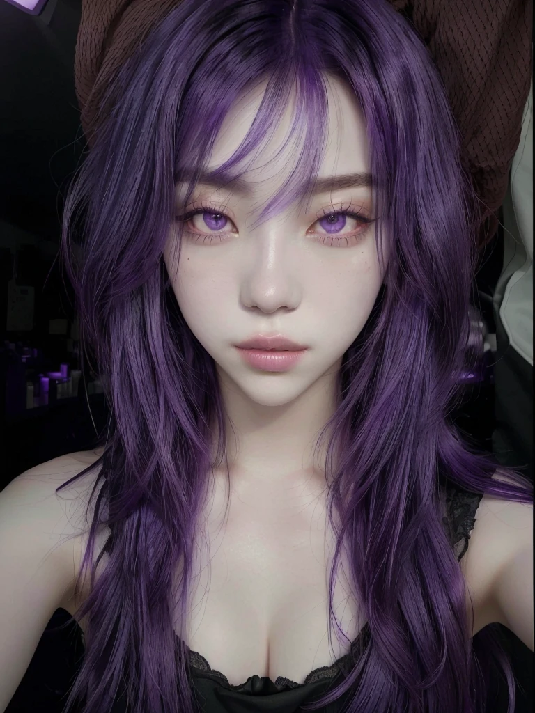 arafed asian woman with long purple hair and a black bra top, purple skin color, ulzzang, purple flowing hair, violet hair, violet long hair, violet color, purple hair, violet skin, hair coloring, smooth purple skin, purple long hair, purple color, pink violet light, flowing purple hair, purple head, purple aethetic