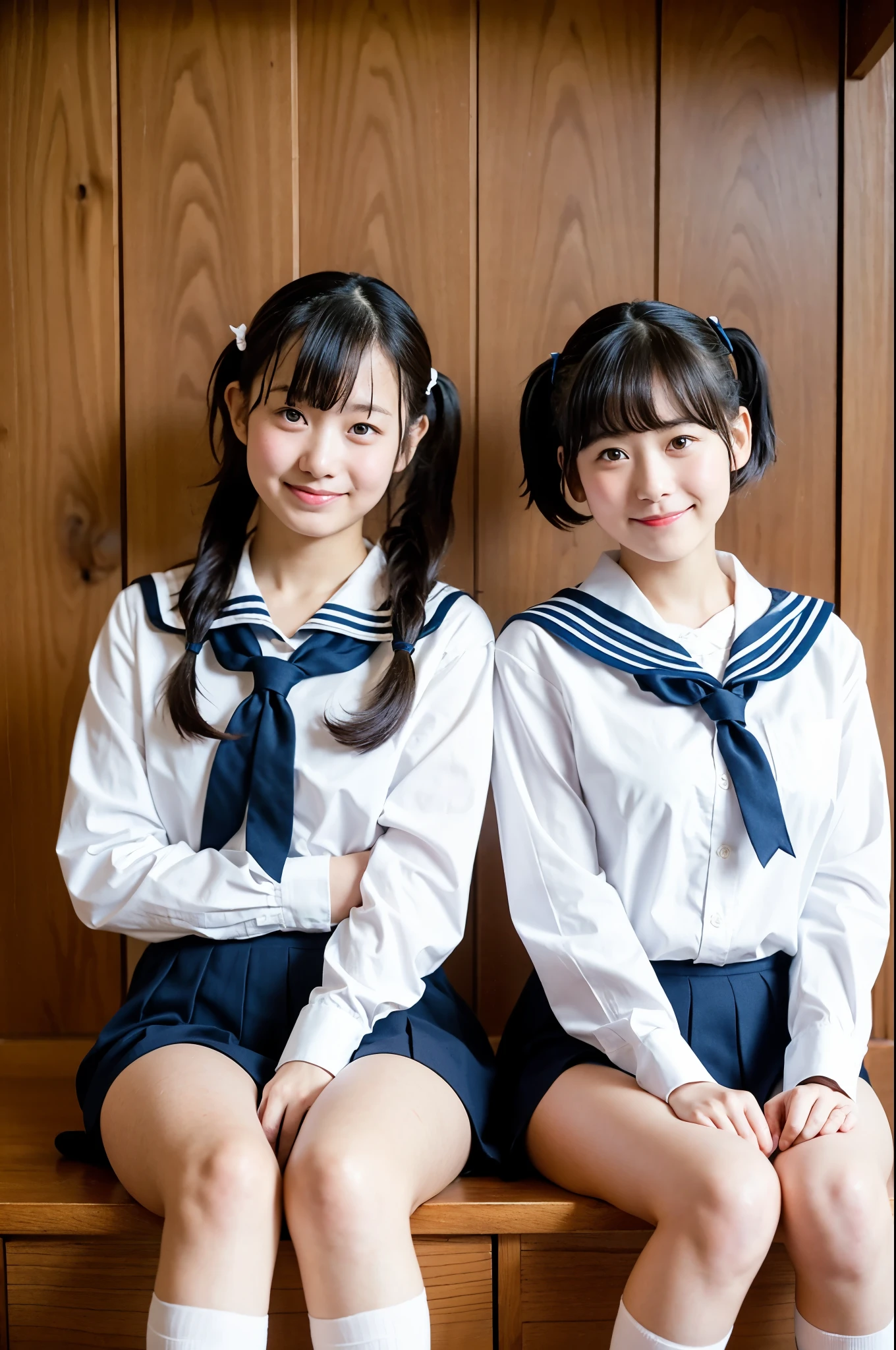 2 girls sitting on desk in wooden school classroom,white shirt with sailor collar,no skirts and navy blue thong,navy blue socks,pink plaid bow tie,18-year-old,bangs,a little smile,thighs,knees up,wet short hair with low pigtails,from before,front light