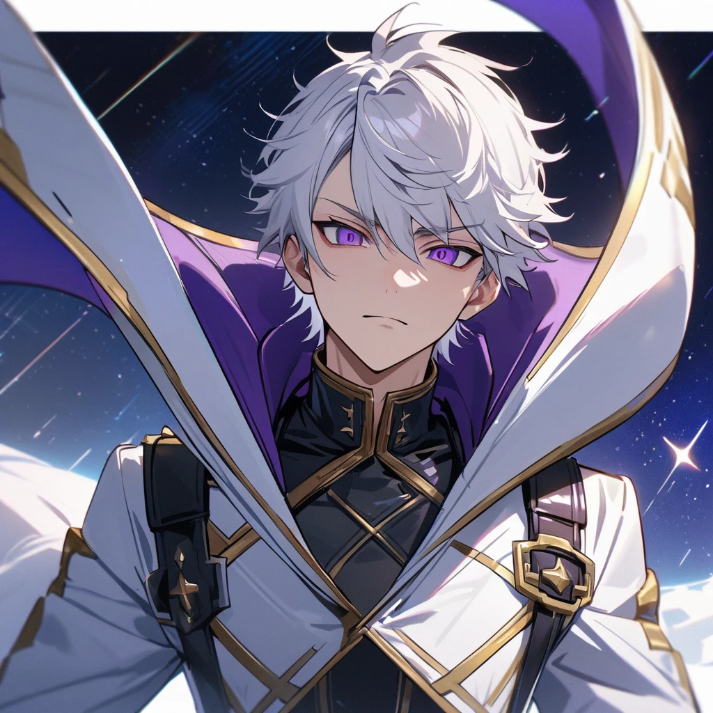 High quality, HD, 4k, handsome male, 1male, , teenager, go lining, short white hair, sharp eyes, dark purple eyes, deep purple eyes, devil may cry, close up, calm expression, stoic expression, black leather clothes, white leather clothing, lean body, upper body, looking at viewer, cowboy shot, white solar, space background