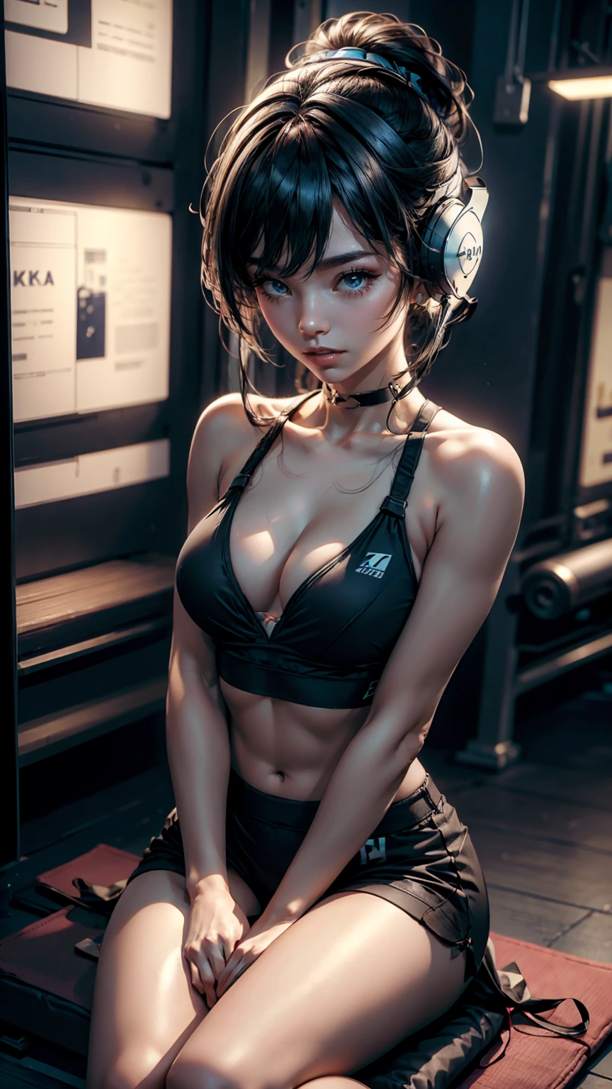 a woman sitting on the ground in a gym, girl wearing headphones, beautiful woman body, asian female, sport bra and shirt, fitness model, attractive sporty physique, wearing headset, beautiful sexy woman photo, mai anh tran, twitch streamer, wearing a headset, gym, very sexy woman with black hair, headphones on head, beautiful shape of face and body, headphones on