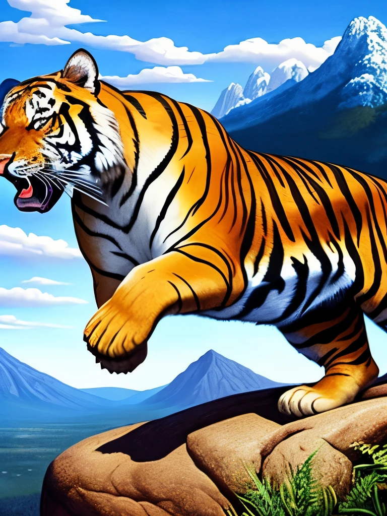 painting of a tiger running on a rock with a mountain in the background, an airbrush painting by Joe Jusko, flickr, hyperrealism, ((tiger)), tiger_beast, majestic!!! beautiful!!!, a tiger, tiger, ultra realistic!!!, strong and ferocious, mouth open in a terrifying roar, tigers, awesome, tiger of fire flying