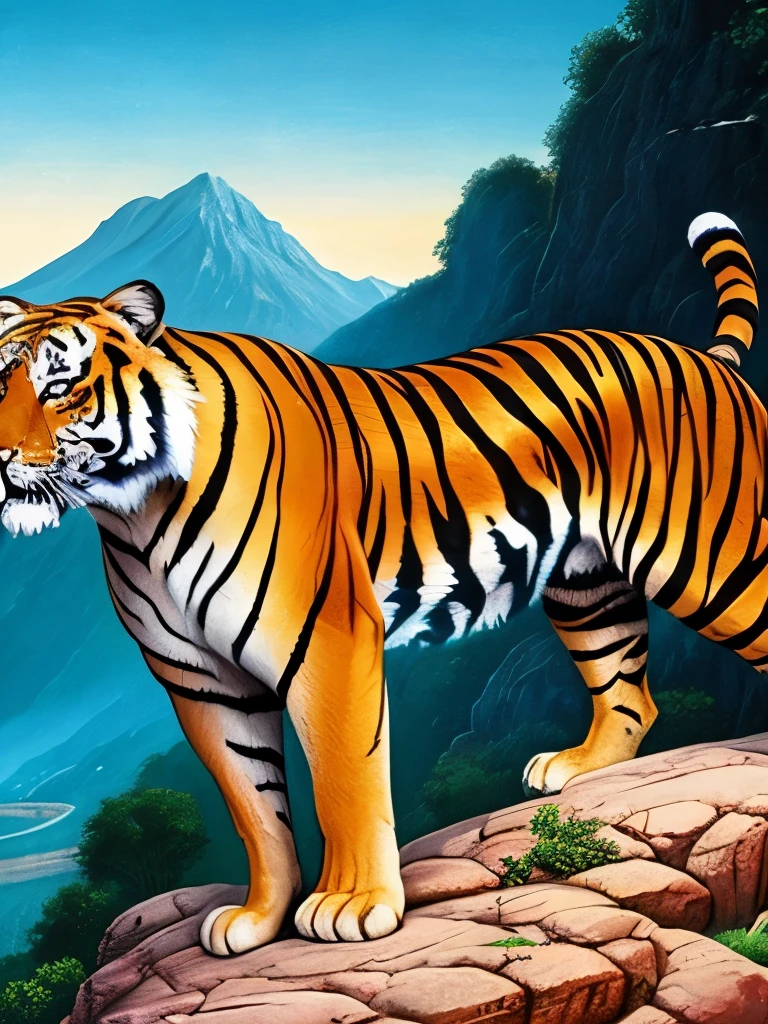 painting of a tiger running on a rock with a mountain in the background, ((tiger)), by Joe Jusko, tiger_beast, by Bob Eggleton, majestic!!! beautiful!!!, a tiger, tiger, by Carlos Berlanga, by Ignacio Zuloaga, ultra realistic!!!, by Li Kan, by Min Zhen, strong and ferocious
