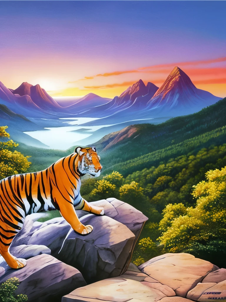 painting of a tiger running on a rock with a mountain in the background, ((tiger)), by Joe Jusko, tiger_beast, by Bob Eggleton, majestic!!! beautiful!!!, a tiger, tiger, by Carlos Berlanga, by Ignacio Zuloaga, ultra realistic!!!, by Li Kan, by Min Zhen, strong and ferocious