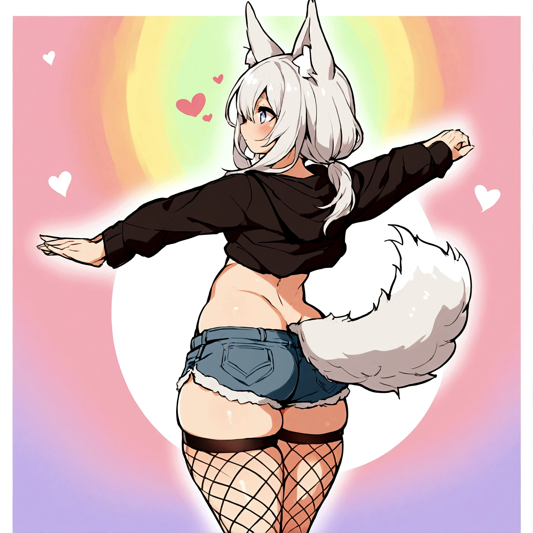 a cute adult male with wolf ears, long white hair, long locks, has a wolf tail, wearing a loose cropped oversized black hoodie, wearing a pair of denim short shorts and fishnet stockings, thick thighs, wide hips, relaxing on mound of fluffy multi colored kawaii plushies, short, very slim, showing slender tummy, stretching out, heart on hoodie, squishy thighs, has glowing blue eyes. alone, solo (ALONE)(SOLO), surrounded by rainbows, colorful galaxy backround, turned around, shot from the back, big juicy butt, has a wedgie
