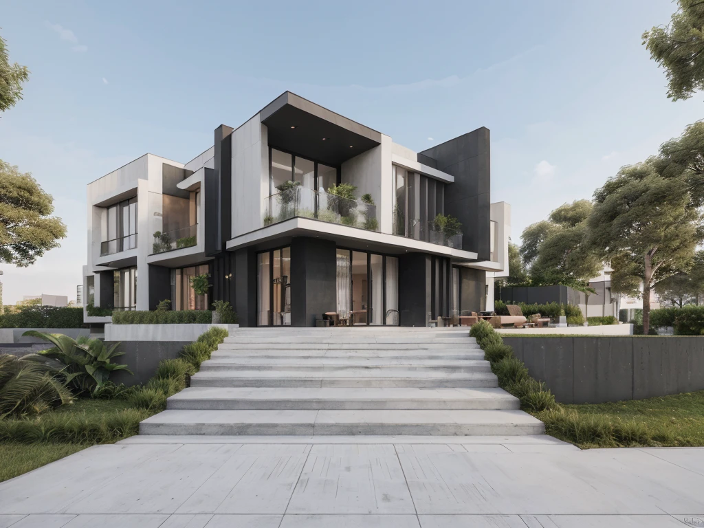 (modern Office with a courtyard and 03 floors), high quality rendering, award-winning render, award winning render, Lumion render, professional render, architectural render, render to resolute perfection, exterior design, architectural visualization, architecture render, modern architecture design, inter dimensional villa, architectural 3d render, realistic CGI render, black and white color, dark color, (wide 20m), (deep 18m), (heigh 11,5m), ([03 floors]), IOS 1600