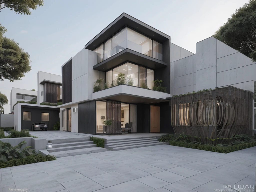 (modern Office with a courtyard and 03 floors), high quality rendering, award-winning render, award winning render, Lumion render, professional render, architectural render, render to resolute perfection, exterior design, architectural visualization, architecture render, modern architecture design, inter dimensional villa, architectural 3d render, realistic CGI render, black and white color, dark color, (wide 20m), (deep 18m), (heigh 11,5m), ([03 floors]), IOS 1600