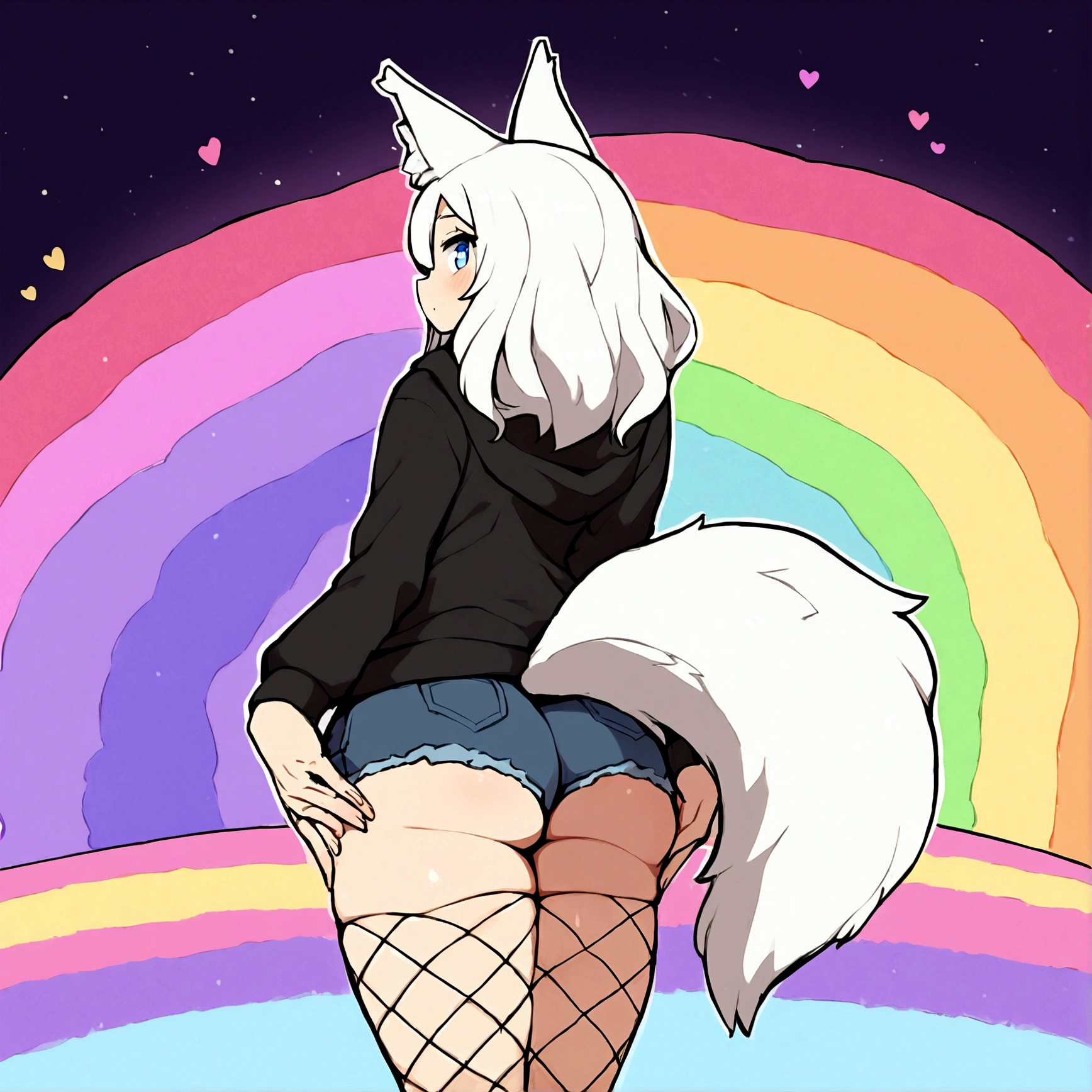 a cute adult male with wolf ears, long white hair, long locks, has a wolf tail, wearing a loose cropped oversized black hoodie, wearing a pair of denim short shorts and fishnet stockings, thick thighs, wide hips, relaxing on mound of fluffy multi colored kawaii plushies, short, very slim, showing slender tummy, stretching out, heart on hoodie, squishy thighs, has glowing blue eyes. alone, solo (ALONE)(SOLO), surrounded by rainbows, colorful galaxy backround, turned around, shot from the back, big juicy butt, has a wedgie
