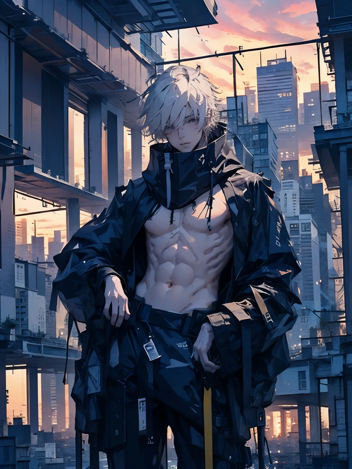a young naked guy on the background of a night city