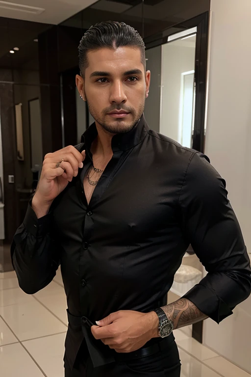 Foto real beleza masculina moda roupa preta moderna glamour luxo show alta costura homen latino atletico pedrarias brilho 