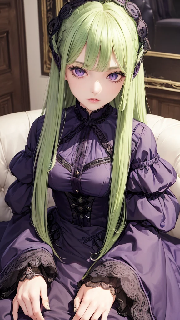 (beatiful eyes finely detailed, face to detail)((long straight green hair, round bangs, violet eyes, calm, elegant)) (full body:0.8), dark purple gothic Lolita dress, contemptuous facial expression, on top of sofa, middle age bedroom, night time, masterpiece, top-quality, detailed, high resolution illustration, full of blue iris.