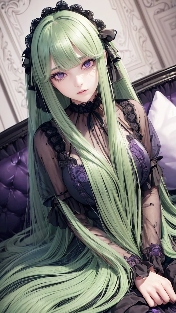 (beatiful eyes finely detailed, face to detail)((long straight green hair, round bangs, violet eyes, calm, elegant)) (full body:0.8), dark purple gothic Lolita dress, contemptuous facial expression, on top of sofa, middle age bedroom, night time, masterpiece, top-quality, detailed, high resolution illustration, full of blue iris.