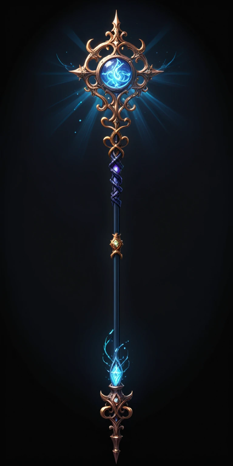pixel art, cartoon illustration, Divine glavie greatstaff, Powerfull Magical theme, simple black background, RPG game icon