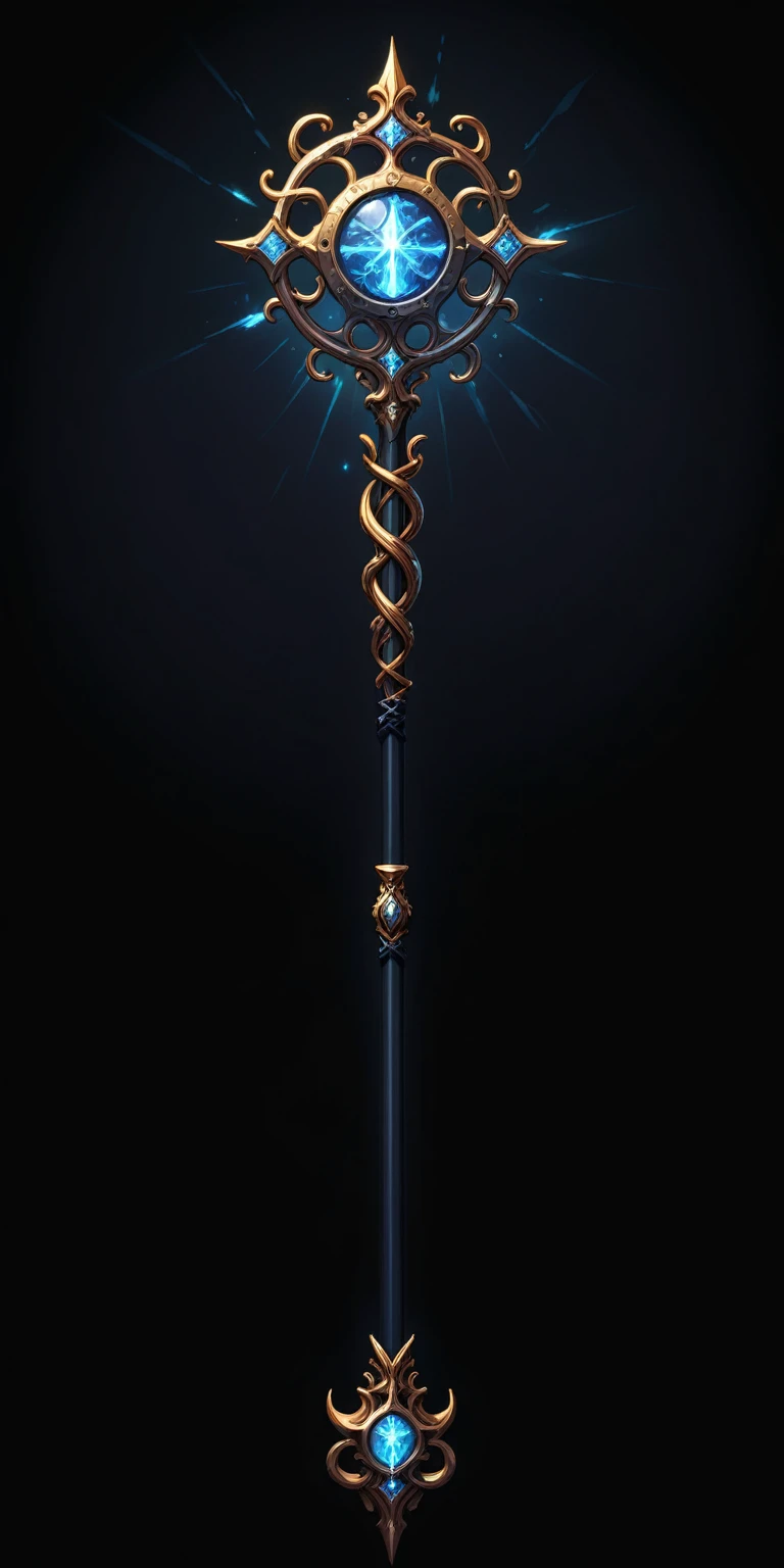 pixel art, cartoon illustration, Divine glavie greatstaff, Powerfull Magical theme, simple black background, RPG game icon