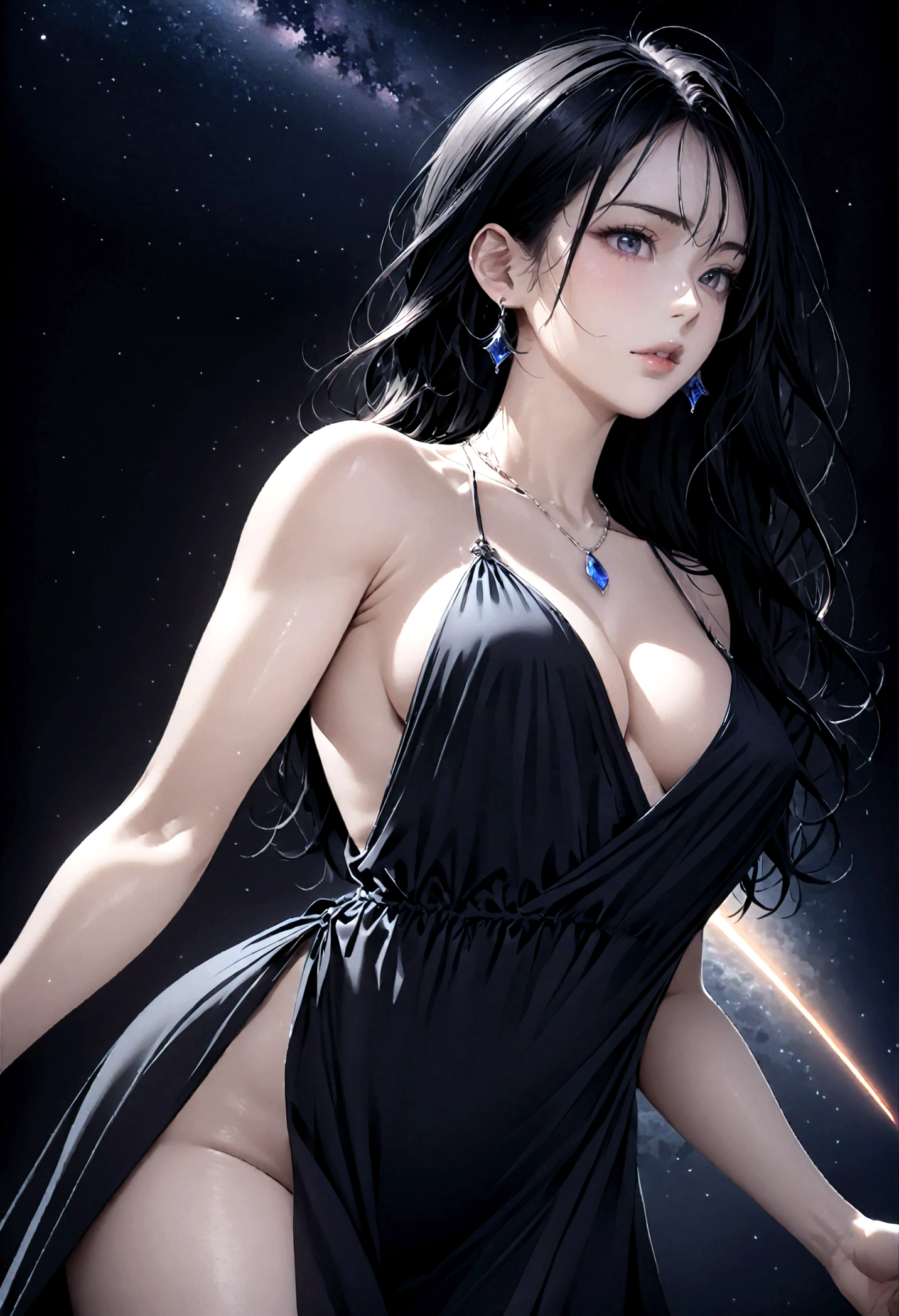 8k, masterpiece, RAW Photos, highest quality, Realistic, Very detailed, Depth of written boundary, Cinematic Light, Anatomically correct body,
An elegant beautiful mature woman, Very beautiful face, Exquisitely detailed face, (Goddess-like deity々Beautiful:1.4), Very sensitive skin, Transparent muscle, Shiny white skin, Glamorous Body,
(Wavy black long hair:1.2), Sexy Breasts, Sexy ass,
(Pure white slit draped dress:1.4), (Detailed cloth texture:1.2), (Gorgeous necklace:1.1), (Gorgeous earrings:1.1),
(Dark starry background:1.4), (Milky Way:1.1), (milky way:1.1), (shooting star:1.1), (Dark coastline at night:1.4), (Pitch black sea surface:1.4),
(Low angle shot:1.8),