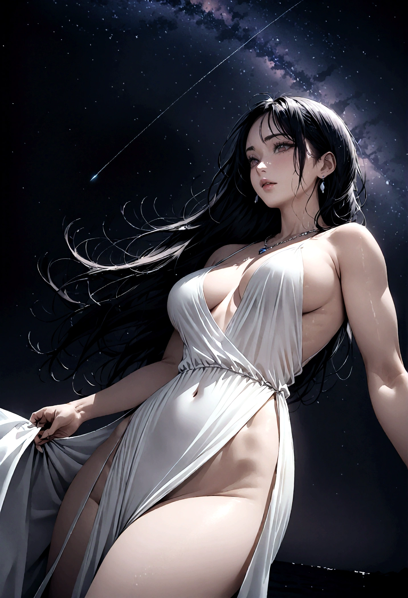 8k, masterpiece, RAW Photos, highest quality, Realistic, Very detailed, Depth of written boundary, Cinematic Light, Anatomically correct body,
An elegant beautiful mature woman, Very beautiful face, Exquisitely detailed face, (Goddess-like deity々Beautiful:1.4), Very sensitive skin, Transparent muscle, Shiny white skin, Glamorous Body,
(Wavy black long hair:1.2), Sexy Breasts, Sexy ass,
(Pure white slit draped dress:1.4), (Detailed cloth texture:1.2), (Gorgeous necklace:1.1), (Gorgeous earrings:1.1),
(Dark starry background:1.4), (Milky Way:1.1), (milky way:1.1), (shooting star:1.1), (Dark coastline at night:1.4), (Pitch black sea surface:1.4),
(Low angle shot:1.8),