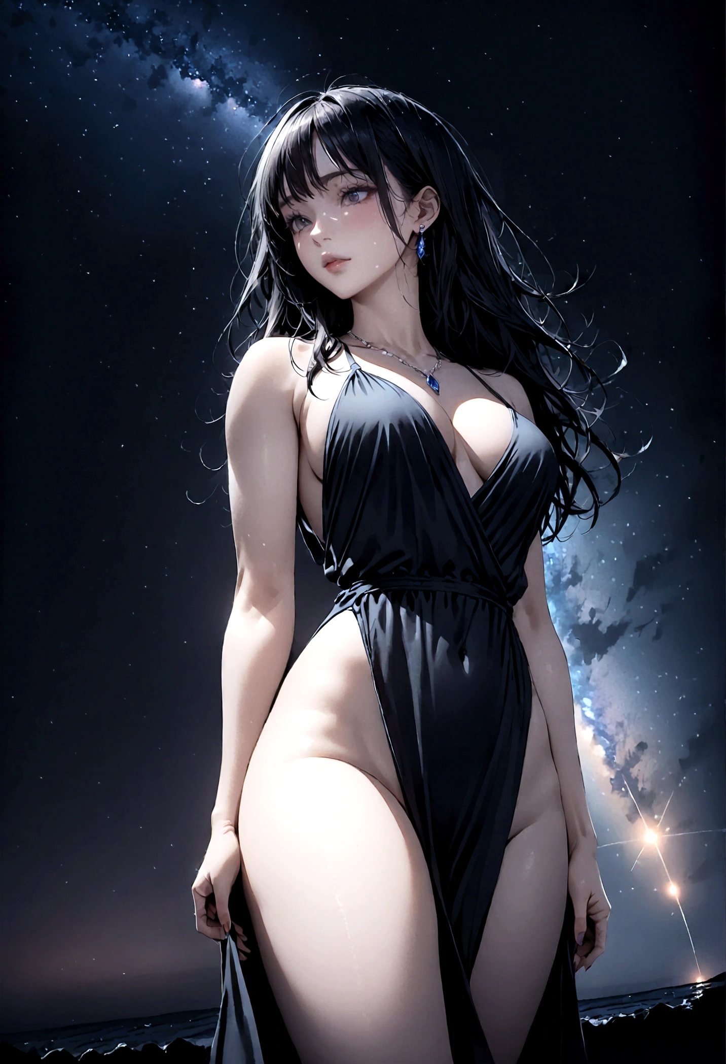 8k, masterpiece, RAW Photos, highest quality, Realistic, Very detailed, Depth of written boundary, Cinematic Light, Anatomically correct body,
An elegant beautiful mature woman, Very beautiful face, Exquisitely detailed face, (Goddess-like deity々Beautiful:1.4), Very sensitive skin, Transparent muscle, Shiny white skin, Glamorous Body,
(Wavy black long hair:1.2), Sexy Breasts, Sexy ass,
(Pure white slit draped dress:1.4), (Detailed cloth texture:1.2), (Gorgeous necklace:1.1), (Gorgeous earrings:1.1),
(Dark starry background:1.4), (Milky Way:1.1), (milky way:1.1), (shooting star:1.1), (Dark coastline at night:1.4), (Pitch black sea surface:1.4),
(Low angle shot:1.8),