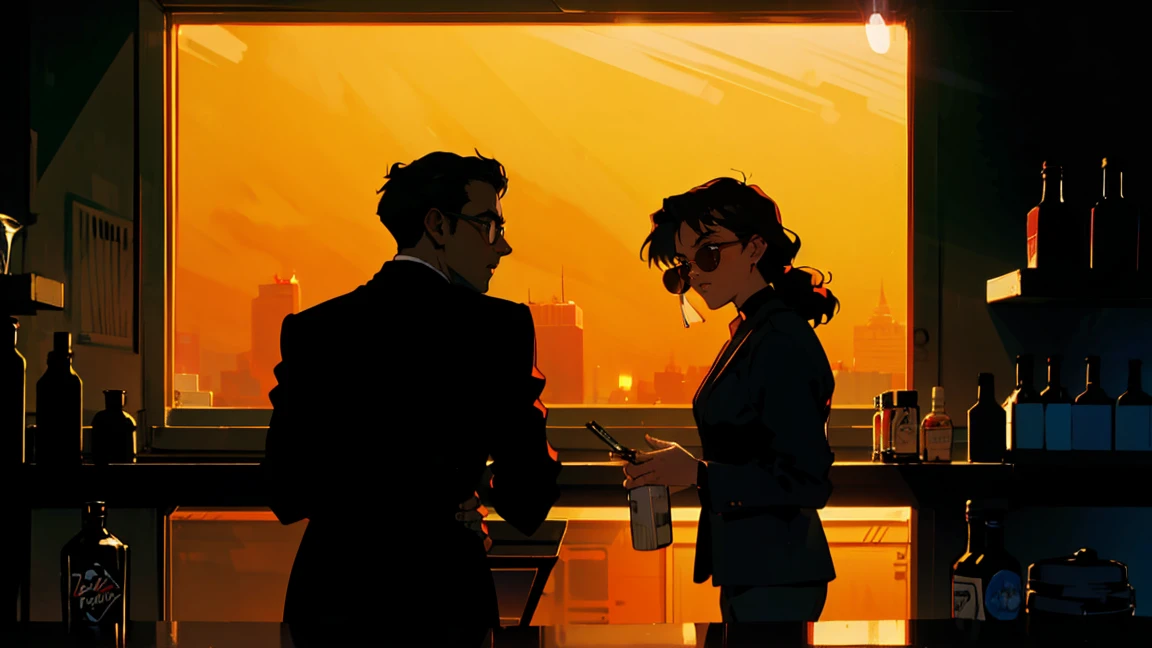 Bar counter at night, Beautiful Asian Girl, Night view from the window, Perfect Face, sunglasses, Smoking white Taylormade cigarettes, Neon Black, (Backlight: 1.1), Hard Shadows, masterpiece, highest quality, Complex, Model shooting style, Vintage, Film Grain,