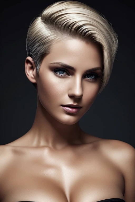 Gorgeous european woman with very short hair, short hair, wet hair, hair slicked back, combed straight back, slick hair, streaked blonde hair, seductive, viking warrior, cleavage, solid dark grey background