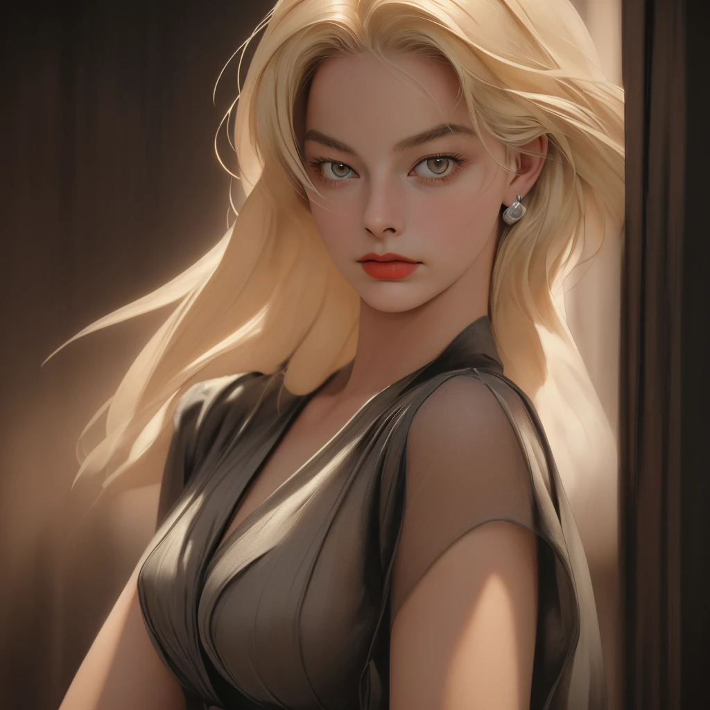 An American woman in a 1930s setting, resembling Margot Robbie, blonde, looking straight ahead, photorealism, noir lighting, focus on face, Portrait, 4K