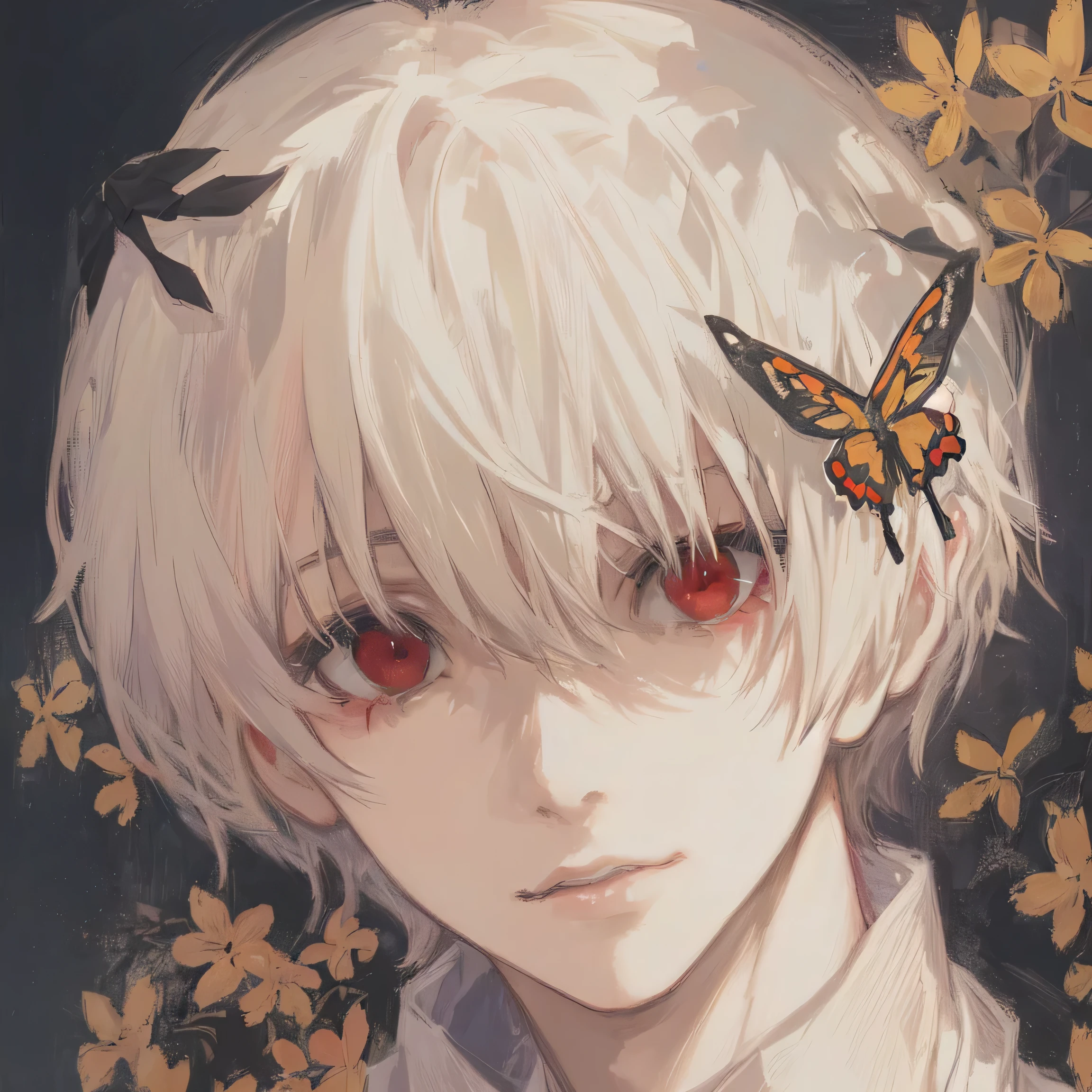 animado, chico, mariposa, cabello, eyes, cabello, cabello, cabello, cabello, cabello, cabello, cabello, cabello, cabello, cabello, cabello,, blonde chico with red eyes, kaneki-ken, ken kaneki, animado chico, cerochan art, stunning animado face portrait, cerochan, Kaworu Nagisa, tall animado guy with red eyes
