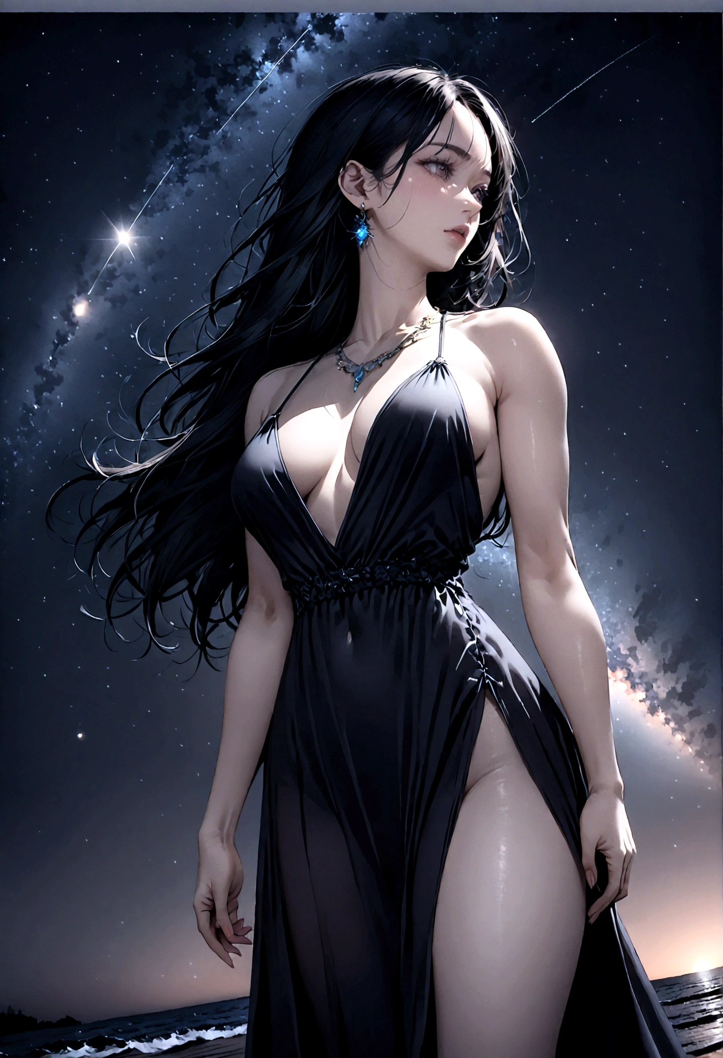 8k, masterpiece, RAW Photos, highest quality, Realistic, Very detailed, Depth of written boundary, Cinematic Light, Anatomically correct body, 
An elegant beautiful mature woman, Very beautiful face, Exquisitely detailed face, (Goddess-like deity々Beautiful:1.4), Very sensitive skin, Transparent muscle, Shiny white skin, Glamorous Body, 
(Wavy black long hair:1.2), Sexy Breasts, Sexy ass, 
(Pure white slit long dress:1.4), (Detailed cloth texture:1.2), (Gorgeous necklace:1.1), (Gorgeous earrings:1.1), 
(Dark starry background:1.4), (Milky Way:1.1), (milky way:1.1), (shooting star:1.1), (Dark coastline at night:1.4), (Pitch black sea surface:1.4), 
(Low angle shot:1.8), 