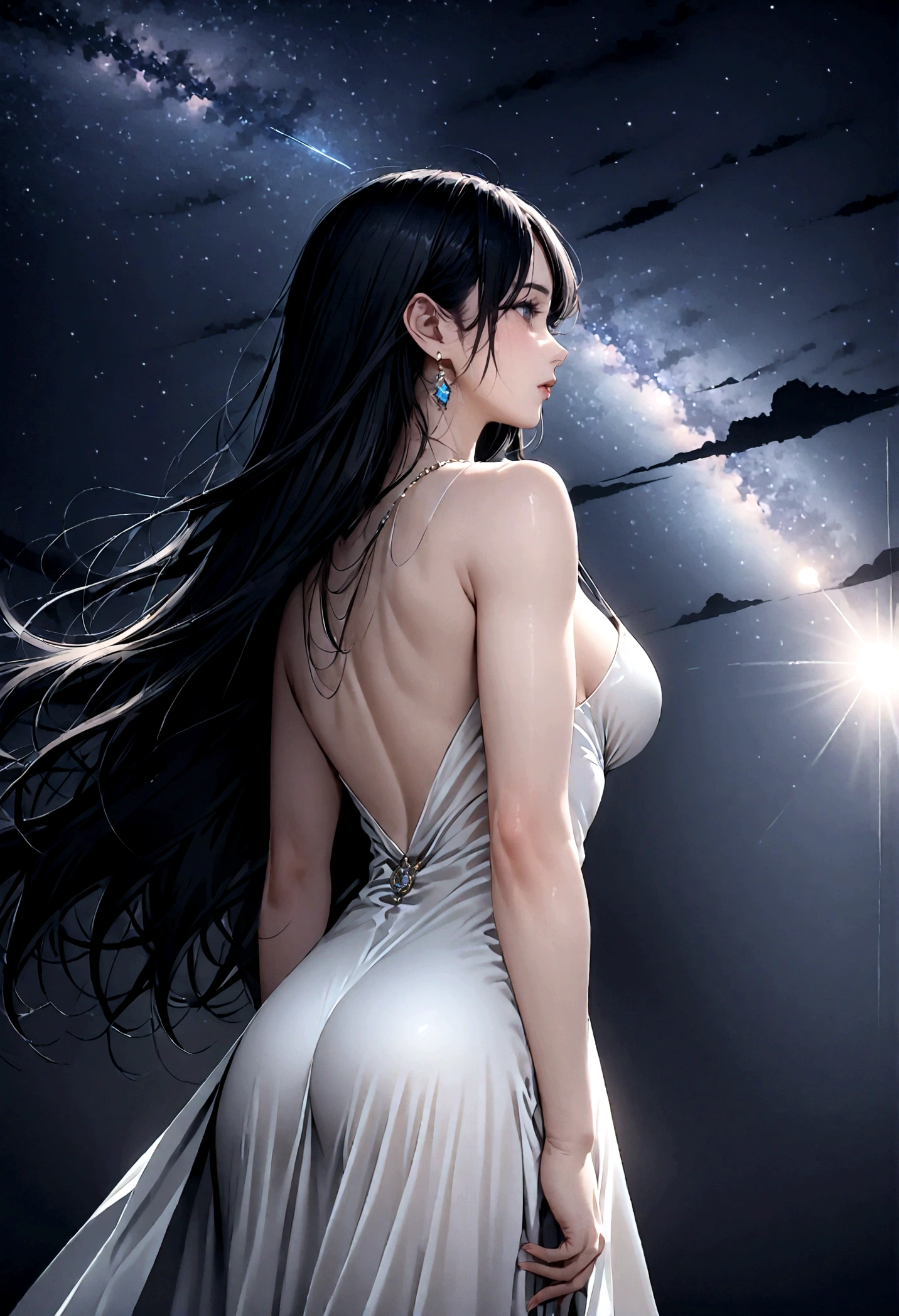 8k, masterpiece, RAW Photos, highest quality, Realistic, Very detailed, Depth of written boundary, Cinematic Light, Anatomically correct body,
An elegant beautiful mature woman, Very beautiful face, Exquisitely detailed face, (Goddess-like deity々Beautiful:1.4), Very sensitive skin, Transparent muscle, Shiny white skin, Glamorous Body,
(Wavy black long hair:1.2), Sexy Breasts, Sexy ass,
(Pure white slit long dress:1.4), (Detailed cloth texture:1.2), (Gorgeous necklace:1.1), (Gorgeous earrings:1.1),
(Dark starry background:1.4), (Milky Way:1.1), (milky way:1.1), (shooting star:1.1), (Dark coastline at night:1.4), (Pitch black sea surface:1.4),
(Low angle shot:1.8),