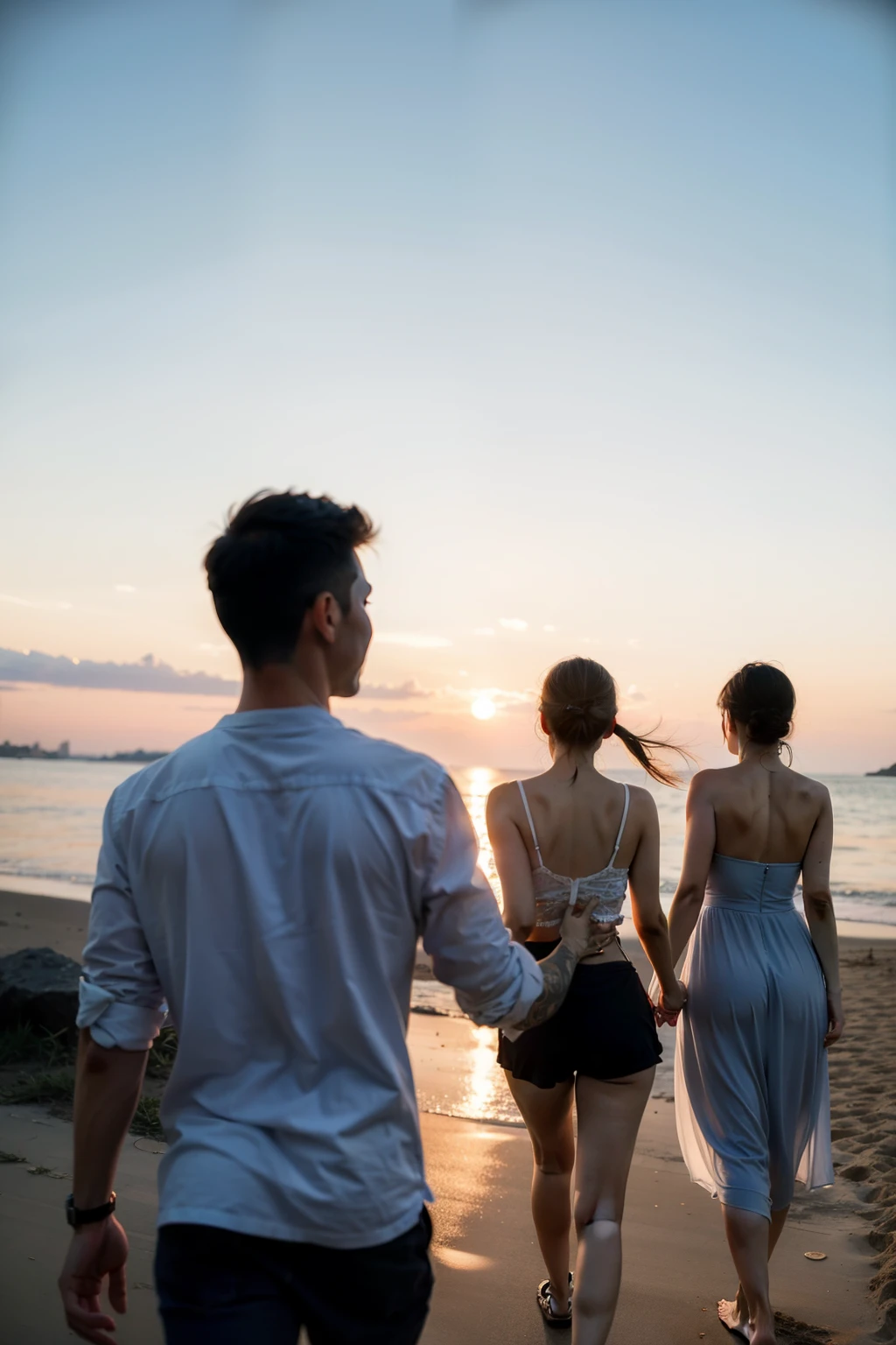Seven friends,Two women and five men,Hand in hand in the sunset,Back