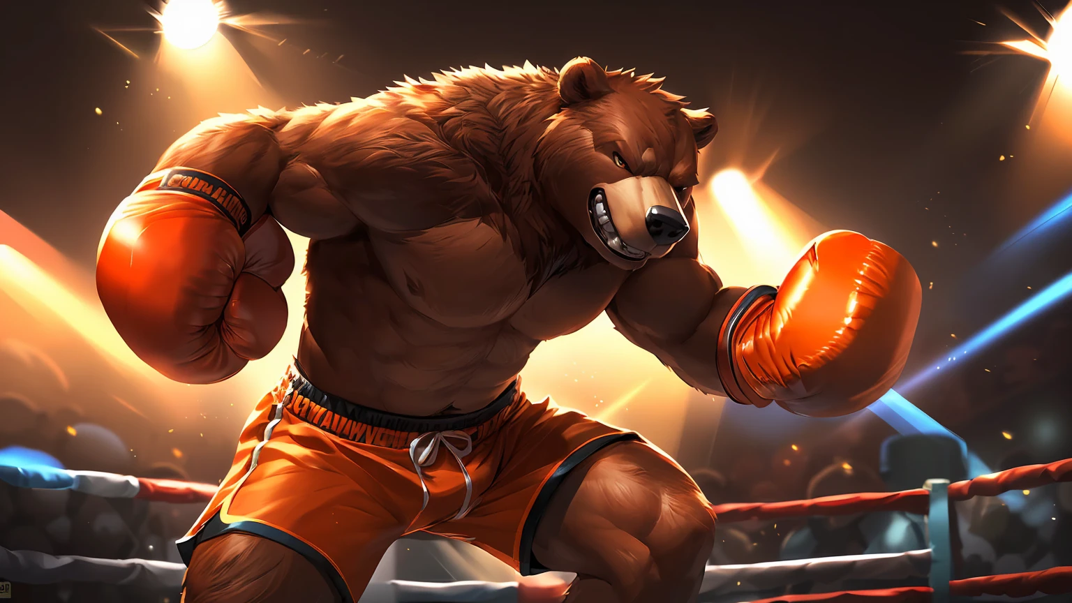 Detailed picture of a confident male human being, (Bear, Chocolate brown fur, Weight loss) In the boxing ring, Popular on Art Station, Ross Chen, ruan jia, Foxworth, ((Determine the expression, Grit your teeth, Wear orange shorts, ((Orange boxing gloves,)) (((Dynamic Lighting,)))