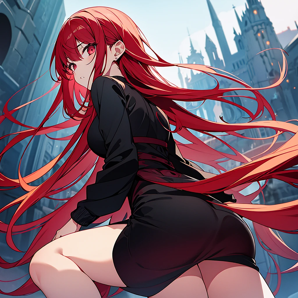 Girl friend, cuerpo completo, vestido apretado color rojo,ojos negros,piel blanca, cabello pelirrojo,estilo anime character, ultra realista,estilo anime,muslos grandes, pechos grandes de espalda perspectiva desde abajo