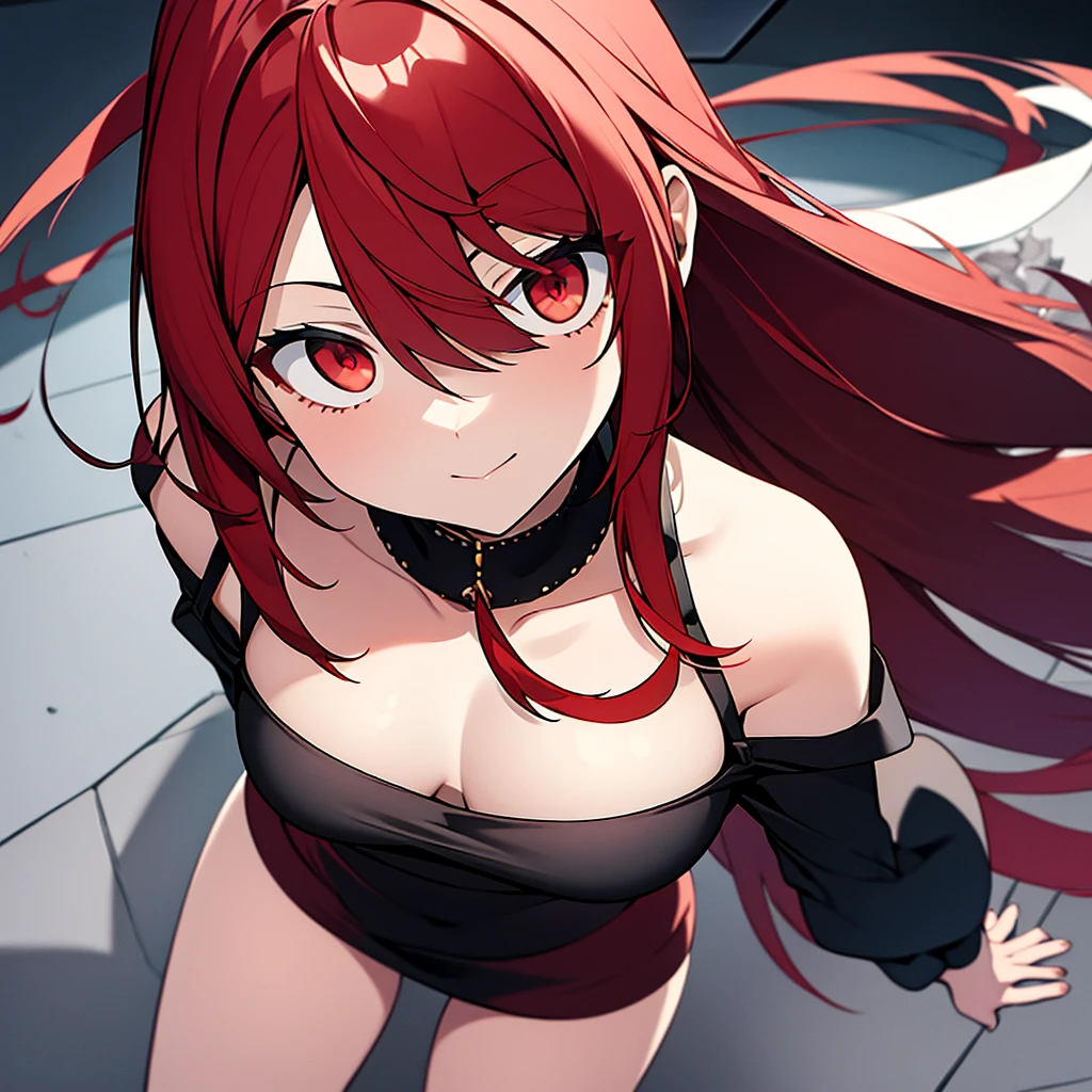 Girl friend, cuerpo completo, vestido apretado color rojo,ojos negros,piel blanca, cabello pelirrojo,estilo anime character, ultra realista,estilo anime,muslos grandes, pechos grandes de espalda perspectiva desde abajo
