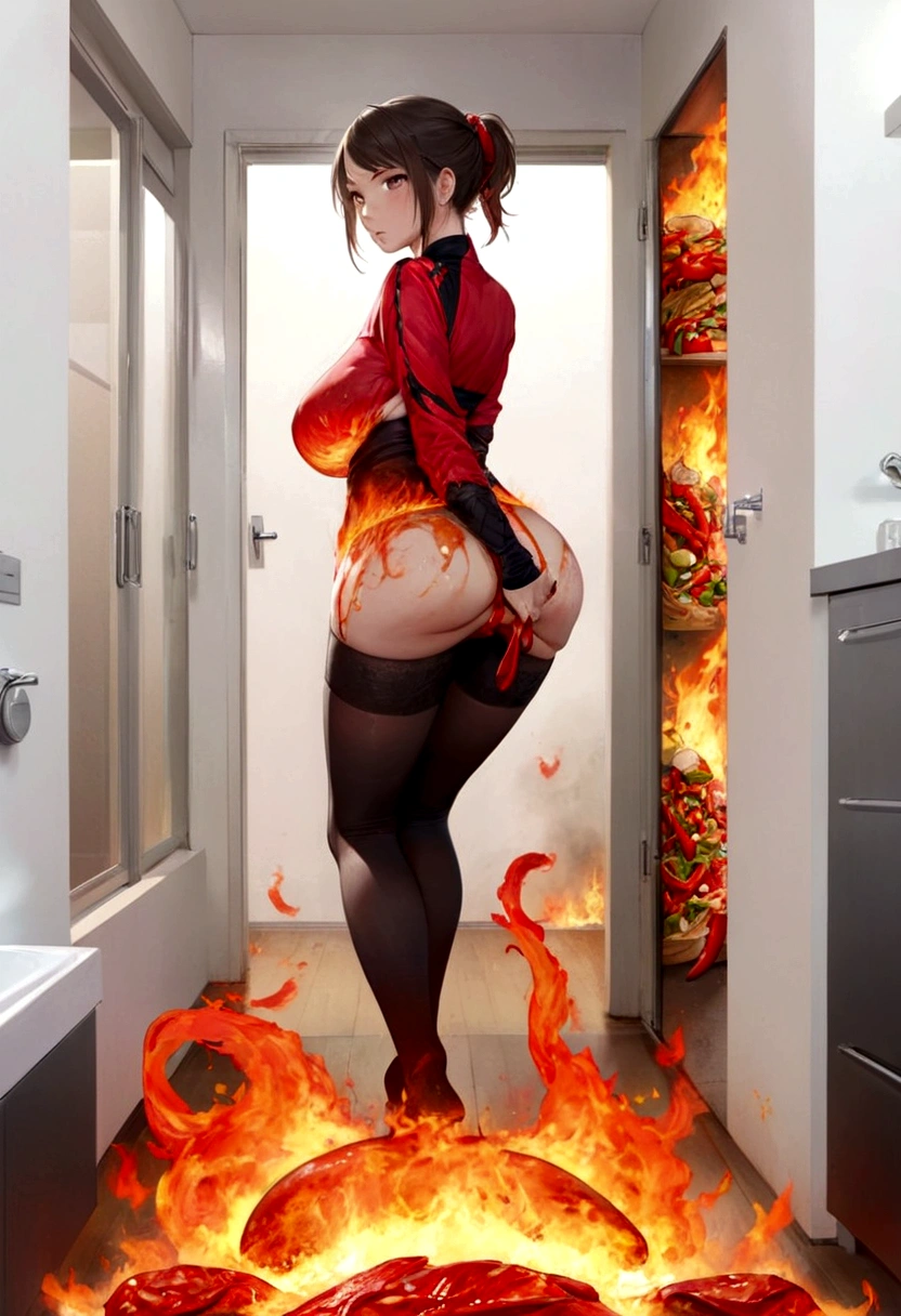 Over the top chili sauce ad, a female ninja is holding her bottom and desperately seeking a bathroom. He bottom is on fire. Chili pepper spiced foods are in each corner, show her from behinf
