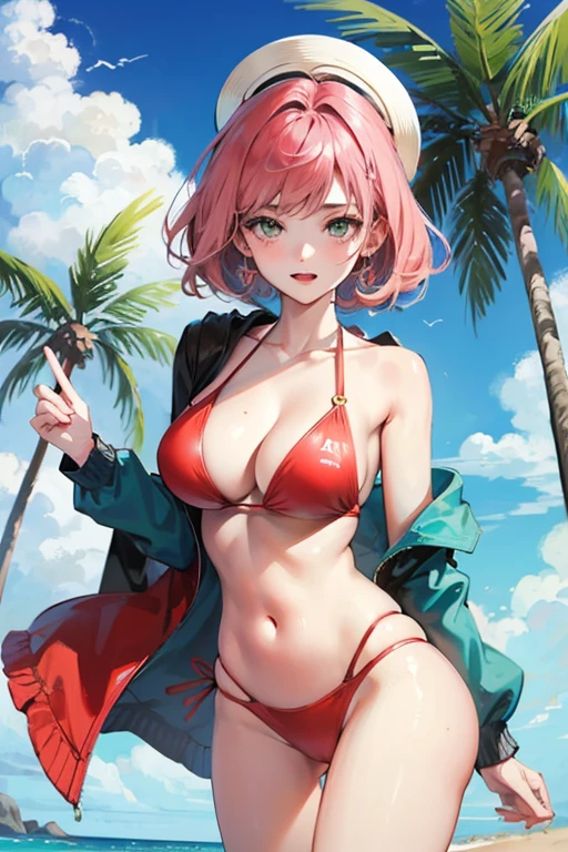 creates a 25-year-old anime girl with a red swimsuit carrying her wide-hip breasts and large breasts with pink hair and green eyes, en un paisaje de playa con palmeras 
