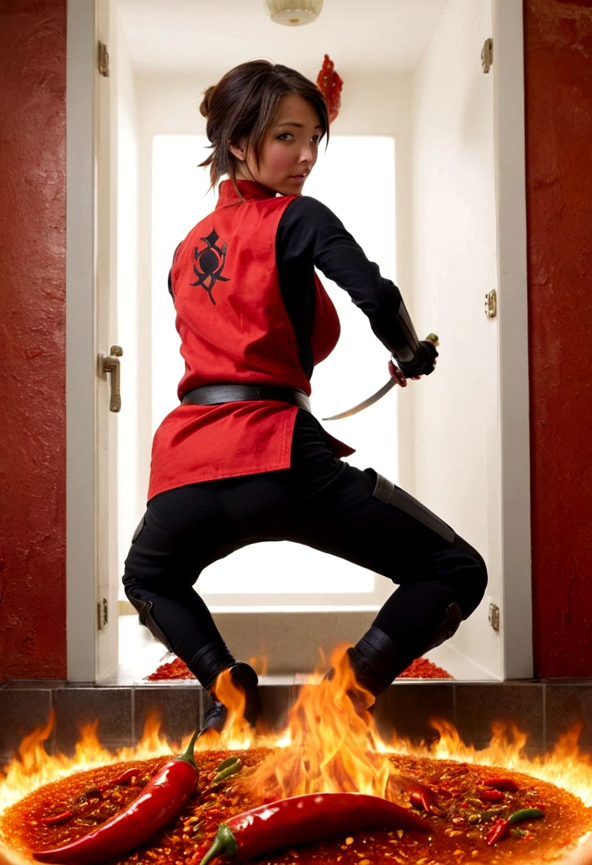 Over the top chili sauce ad, a female ninja is holding her bottom and desperately seeking a bathroom. He bottom is on fire. Chili pepper spiced foods are in each corner, show her from behinf
