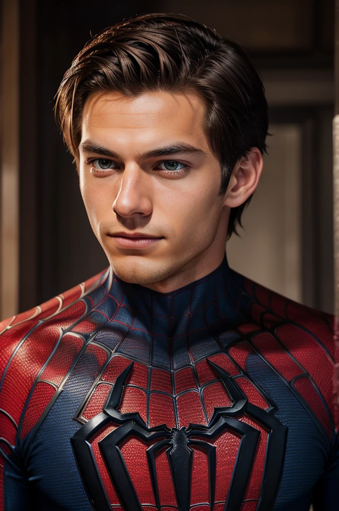 A photograph of spider man, no mask, 20 yo, handsome, detailed face, looking at camera, portrait, 8k uhd, high quality