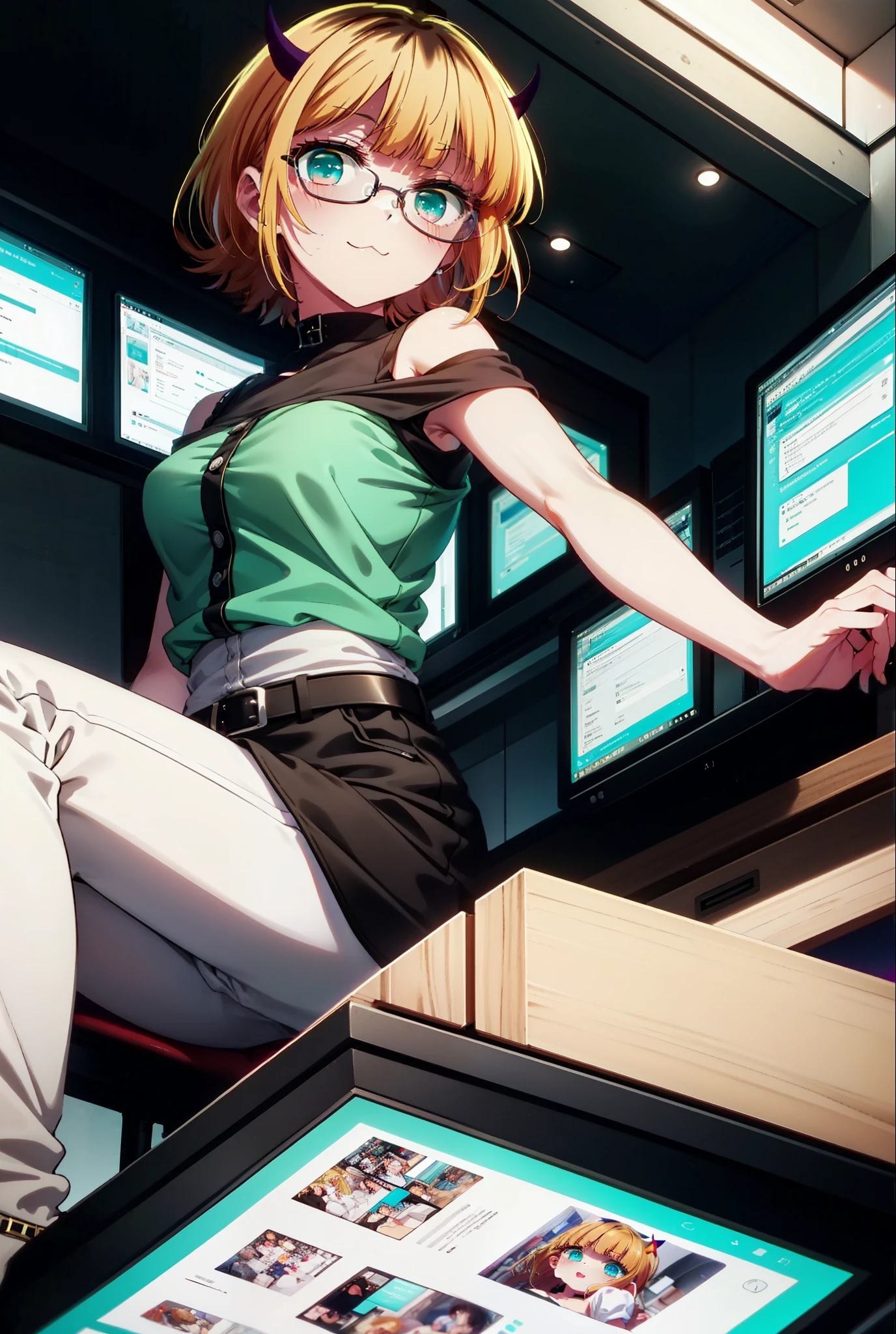 memcho, memcho, Long Hair, Blonde Hair, Multicolored Hair, horn, bangs, Brown Hair, Black Hair, blunt bangs, Two-tone hair, (Aqua Eye:1.3), :3,happy smile, smile, Open your mouth,Black-rimmed glasses,
Cold shoulder tops,Short sleeve,skinny pants,Stiletto heels,There is a computer on the table,So that the whole body goes into the illustration,Chair,walking,Daytime,
Break indoors, office,
壊す looking at viewer, Systemic
break (masterpiece:1.2), highest quality, High resolution, unity 8k wallpaper, (figure:0.8), (Beautiful fine details:1.6), Highly detailed face, Perfect lighting, Highly detailed CG, (Perfect hands, Perfect Anatomy),