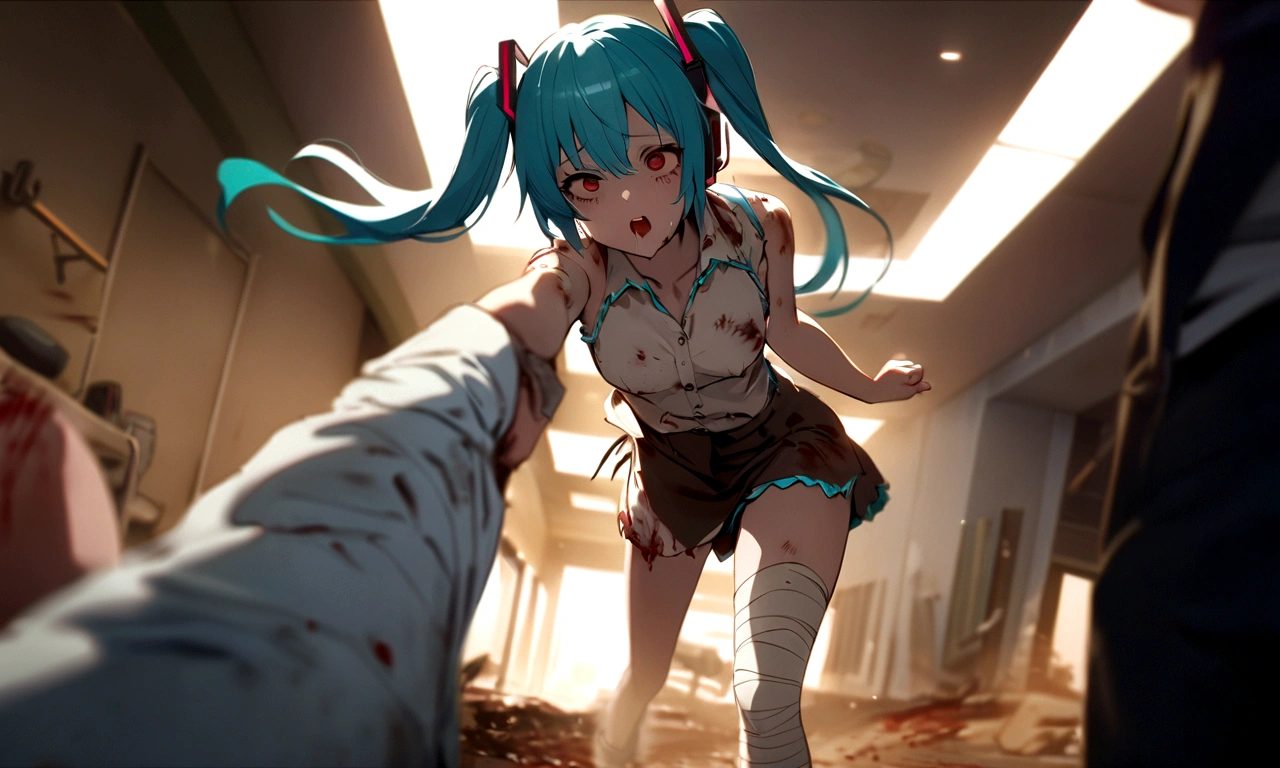 Drooping eyes、Drunk、Ahegao、Twin tails、Blue Hair、Twin tails、blunt bangs、Hatsune Miku、Hatsune Miku、Blue skin and face、masterpiece, highest quality, highest detail, 1 girl, BREAK, horror, (Small injured girl, blood, bleeding, injury), Shining white hair, jewel-like red eyes, anime highlight eyes, scarred clothes, dirty clothes, bloodstained clothes, scarred skin, battle damage, bandaged arms, bandaged legs, (Yandere:1.2), BREAK, The background is a modern hospital, a collapsed hospital, BREAK, movie lighting, action movie poster, dynamic, beautiful girl action actor, motion blur, depth of field, 35mm, Sony FE, 1girl,