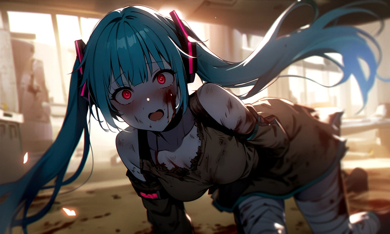 Drooping eyes、Drunk、Ahegao、Twin tails、Blue Hair、Twin tails、blunt bangs、Hatsune Miku、Hatsune Miku、Blue skin and face、masterpiece, highest quality, highest detail, 1 girl, BREAK, horror, (Small injured girl, blood, bleeding, injury), Shining white hair, jewel-like red eyes, anime highlight eyes, scarred clothes, dirty clothes, bloodstained clothes, scarred skin, battle damage, bandaged arms, bandaged legs, (Yandere:1.2), BREAK, The background is a modern hospital, a collapsed hospital, BREAK, movie lighting, action movie poster, dynamic, beautiful girl action actor, motion blur, depth of field, 35mm, Sony FE, 1girl,